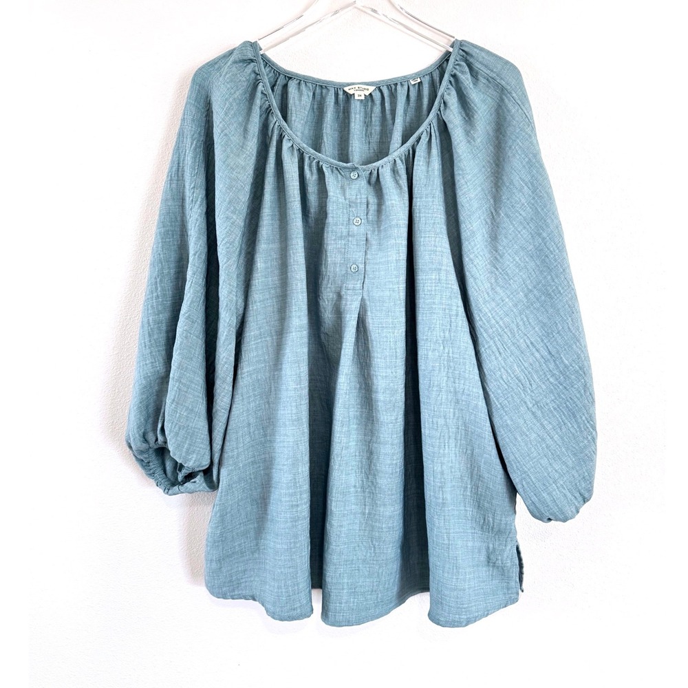 Max Studio Light Blue Cotton Gauze Peasant Blouse with Balloon Sleeves